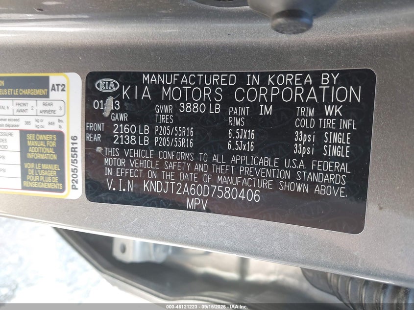 KIA SOUL 2013 VIN KNDJT2A60D7580406