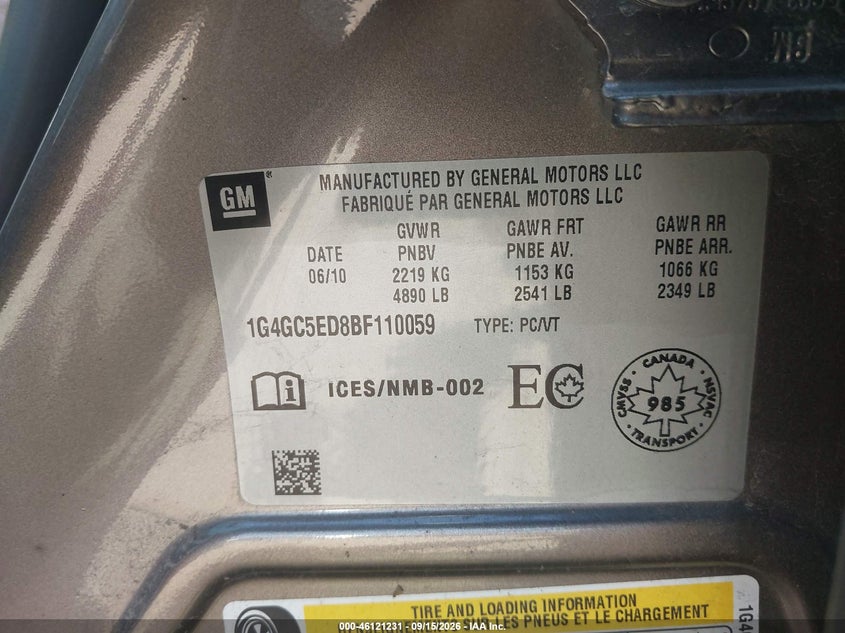 BUICK LACROSSE 2011 VIN 1G4GC5ED8BF110059