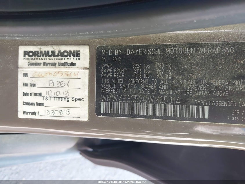 MINI COOPER 2012 VIN WMWZB3C57CWM05314