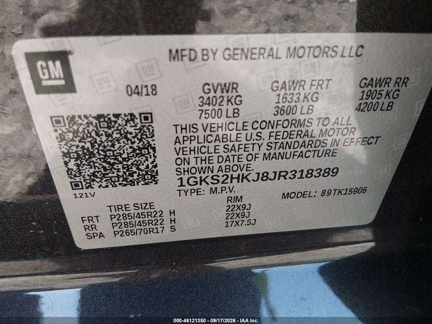 GMC YUKON XL 2018 VIN 1GKS2HKJ8JR318389