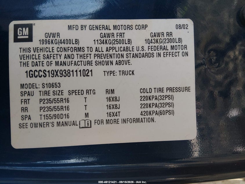 CHEVROLET S-10 2003 VIN 1GCCS19X938111021