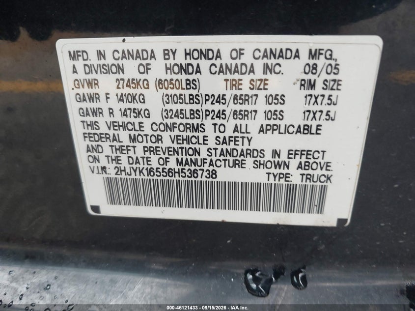 HONDA RIDGELINE 2006 VIN 2HJYK16556H536738