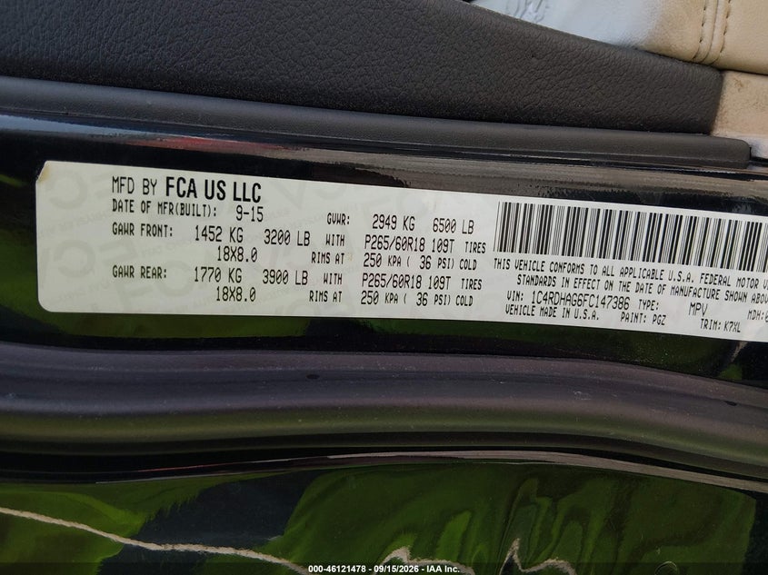 DODGE DURANGO 2015 VIN 1C4RDHAG6FC147386