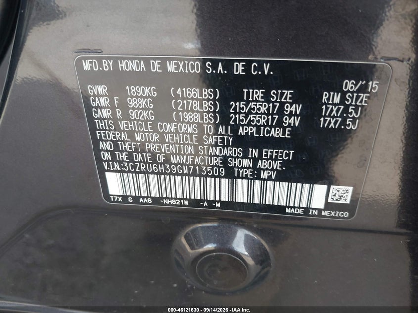 HONDA HR-V 2016 VIN 3CZRU6H39GM713509