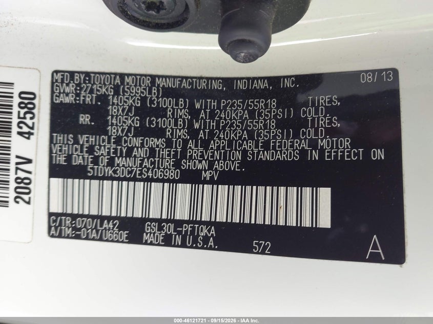 TOYOTA SIENNA 2014 VIN 5TDYK3DC7ES406980