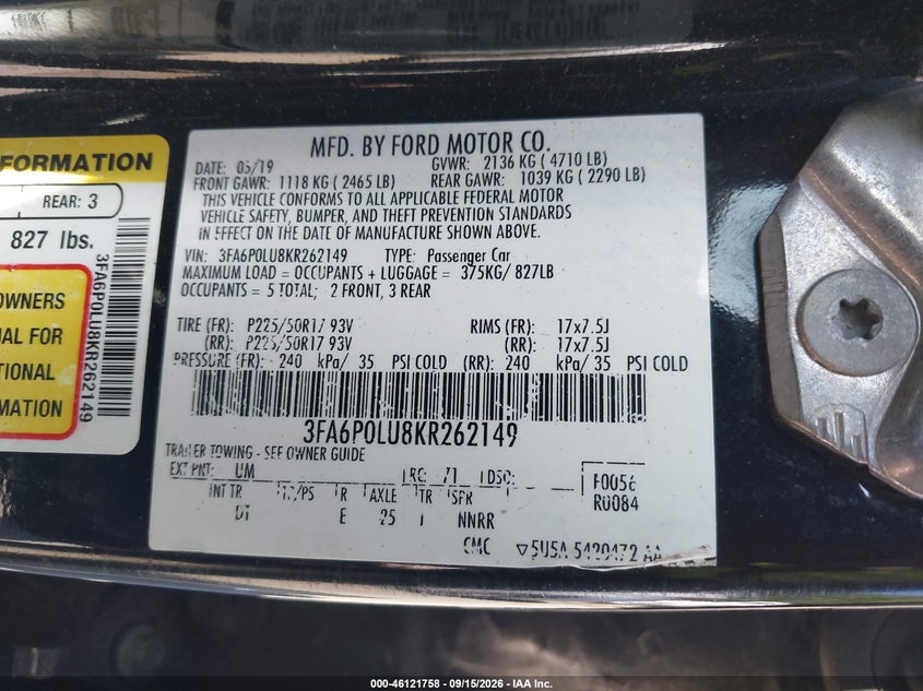 FORD FUSION HYBRID 2019 VIN 3FA6P0LU8KR262149