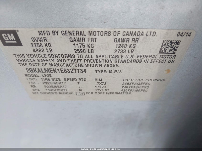 GMC TERRAIN 2014 VIN 2GKALMEK1E6327734