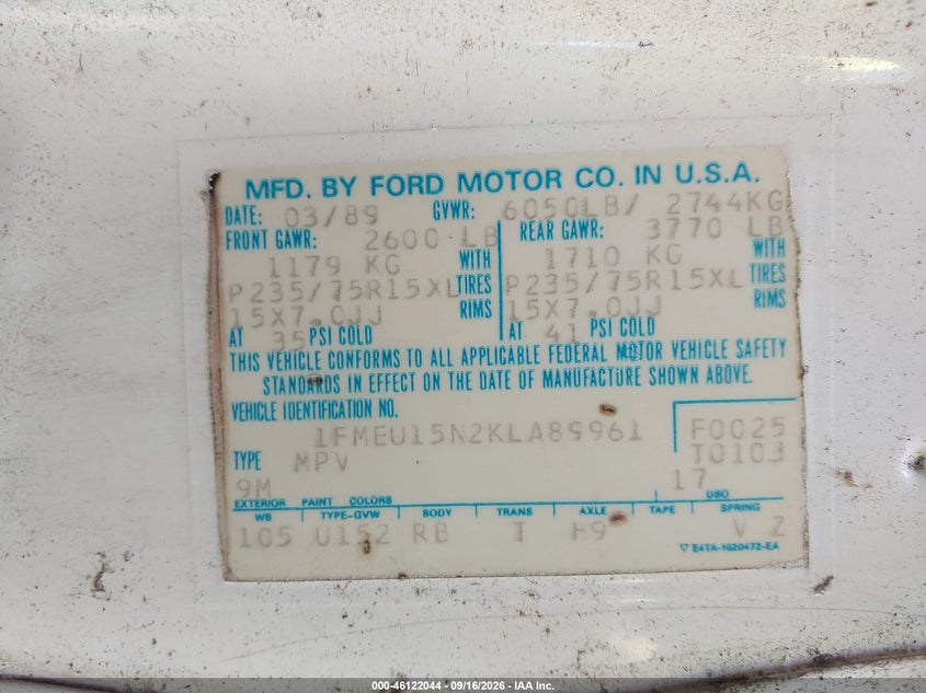 FORD BRONCO 1989 VIN 1FMEU15N2KLA89961