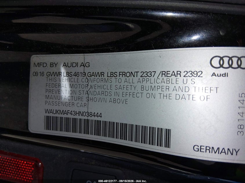 AUDI A4 2017 VIN WAUKMAF43HN038444