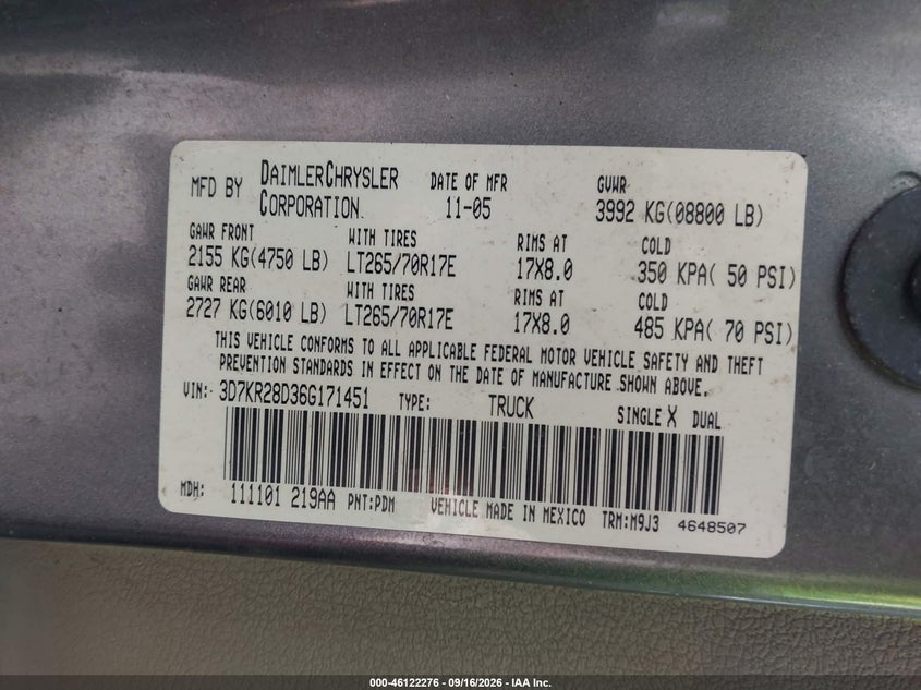 DODGE RAM 2500 2006 VIN 3D7KR28D36G171451