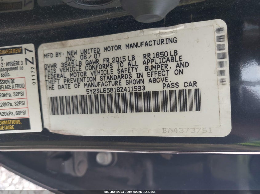 PONTIAC VIBE 2008 VIN 5Y2SL65818Z411593
