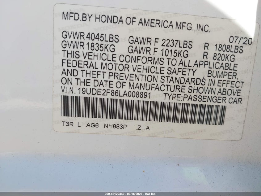 ACURA ILX 2020 VIN 19UDE2F86LA008891