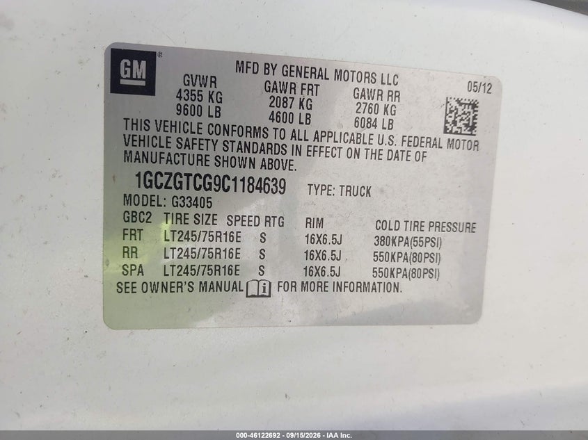 CHEVROLET EXPRESS 3500 2012 VIN 1GCZGTCG9C1184639