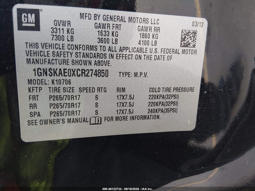 CHEVROLET TAHOE 2012 VIN 1GNSKAE0XCR274850