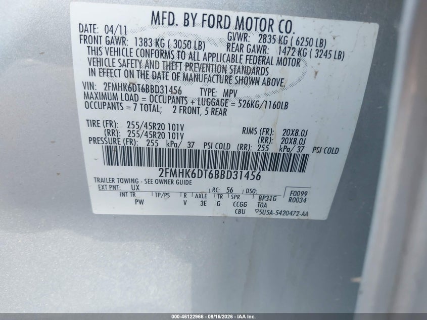 FORD FLEX 2011 VIN 2FMHK6DT6BBD31456