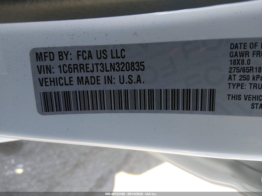 RAM 1500 2020 VIN 1C6RREJT3LN320835