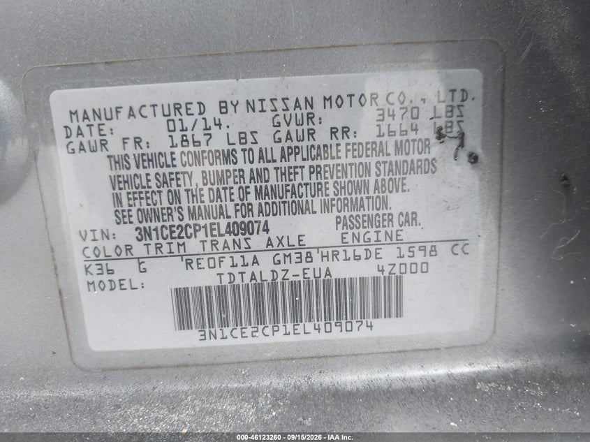 NISSAN VERSA NOTE 2014 VIN 3N1CE2CP1EL409074