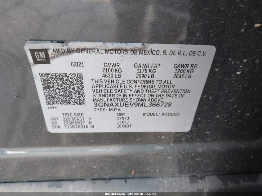 CHEVROLET EQUINOX 2021 VIN 3GNAXUEV9ML366728