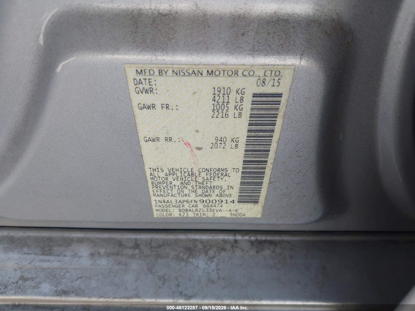NISSAN ALTIMA 2015 VIN 1N4AL3AP6FN900914