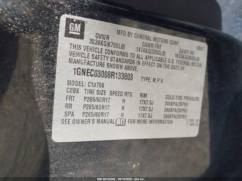 CHEVROLET TAHOE 2008 VIN 1GNEC03008R133803