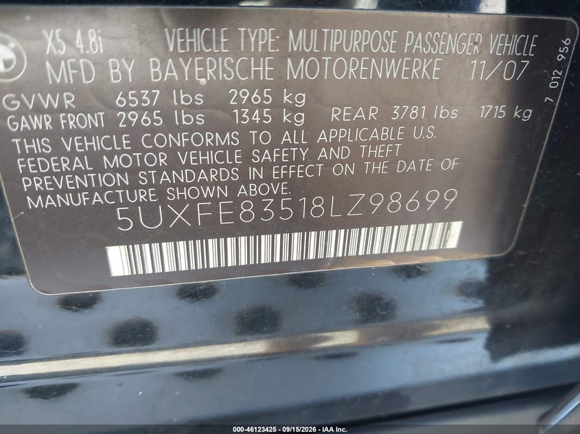 BMW X5 2008 VIN 5UXFE83518LZ98699