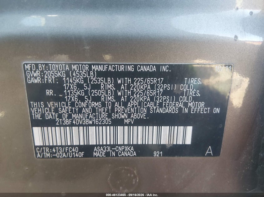 TOYOTA RAV4 2011 VIN 2T3BF4DV3BW162305