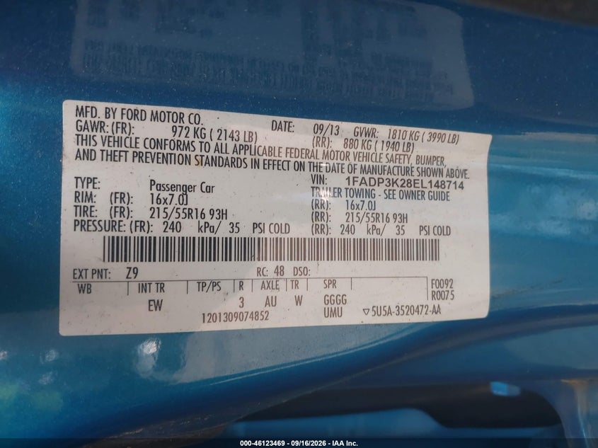 FORD FOCUS 2014 VIN 1FADP3K28EL148714