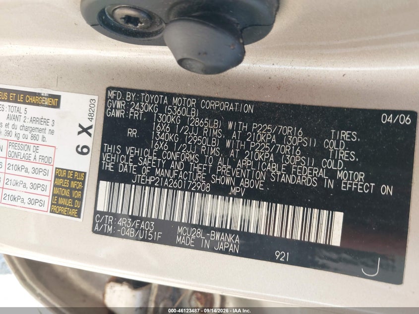 TOYOTA HIGHLANDER 2006 VIN JTEHP21A260172908