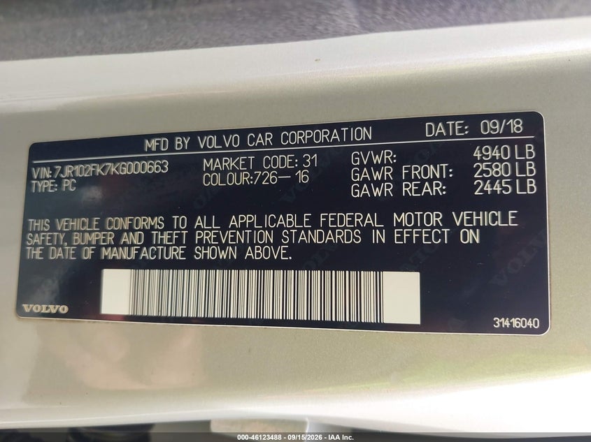 VOLVO S60 2019 VIN 7JR102FK7KG000663