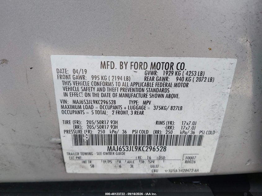 FORD ECOSPORT 2019 VIN MAJ6S3JL9KC296528