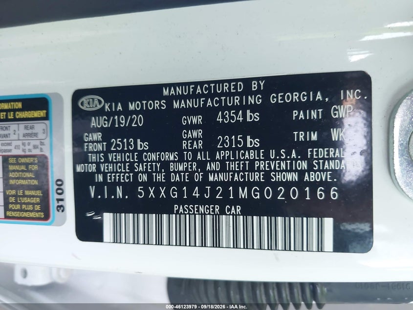 2021 Kia K5 Lxs VIN: 5XXG14J21MG020166 Lot: 46123979