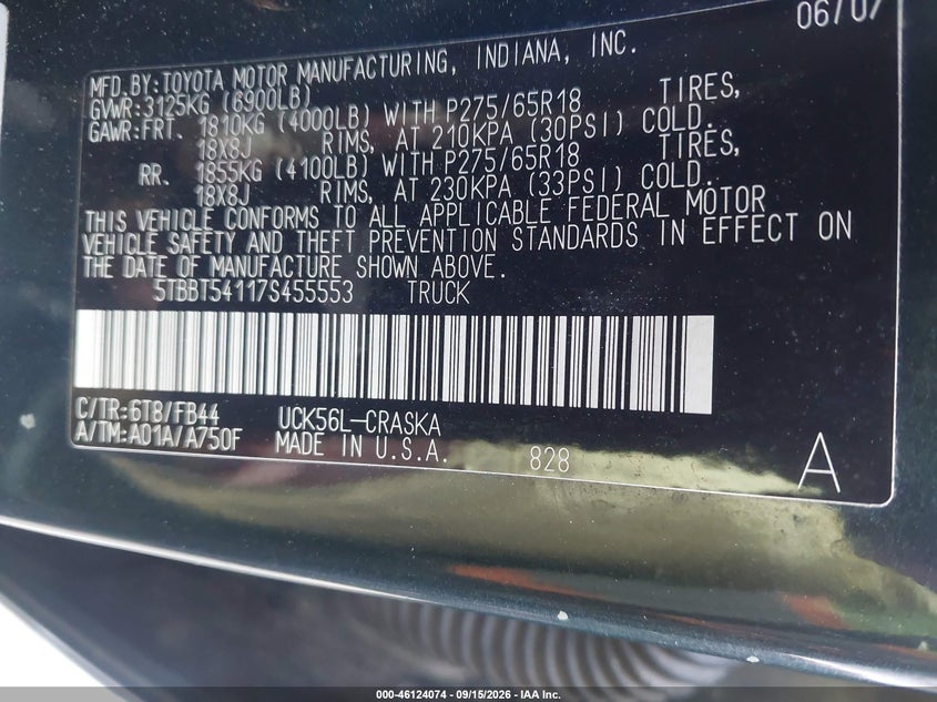 TOYOTA TUNDRA 2007 VIN 5TBBT54117S455553