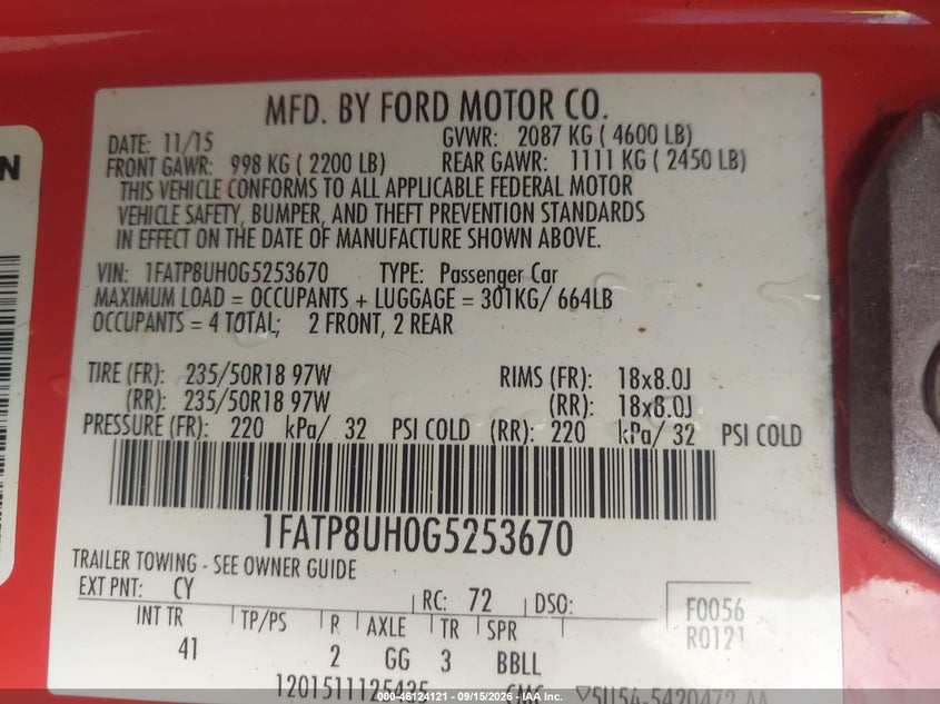 FORD MUSTANG 2016 VIN 1FATP8UH0G5253670