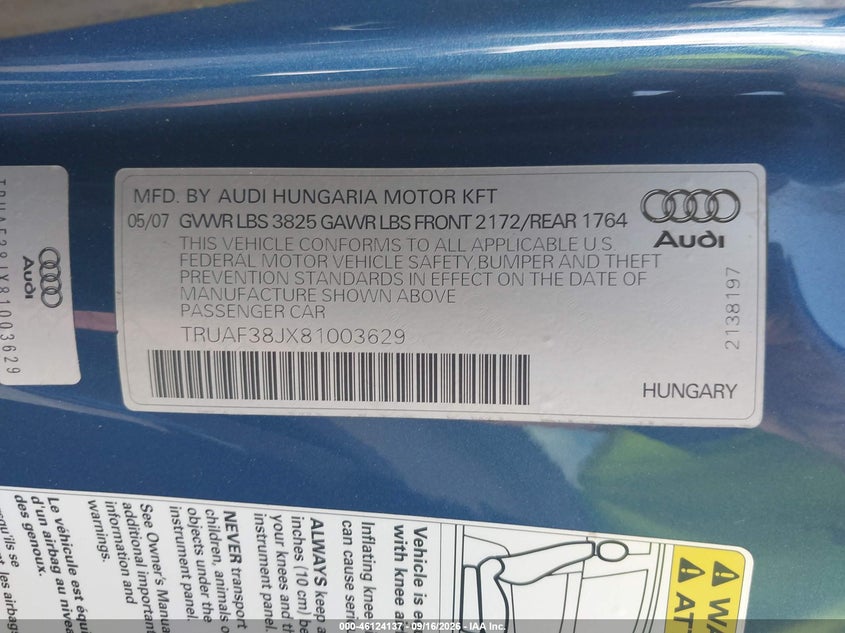 AUDI TT 2008 VIN TRUAF38JX81003629