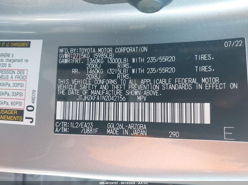 LEXUS RX 350L 2022 VIN JTJHZKFA1N2042156