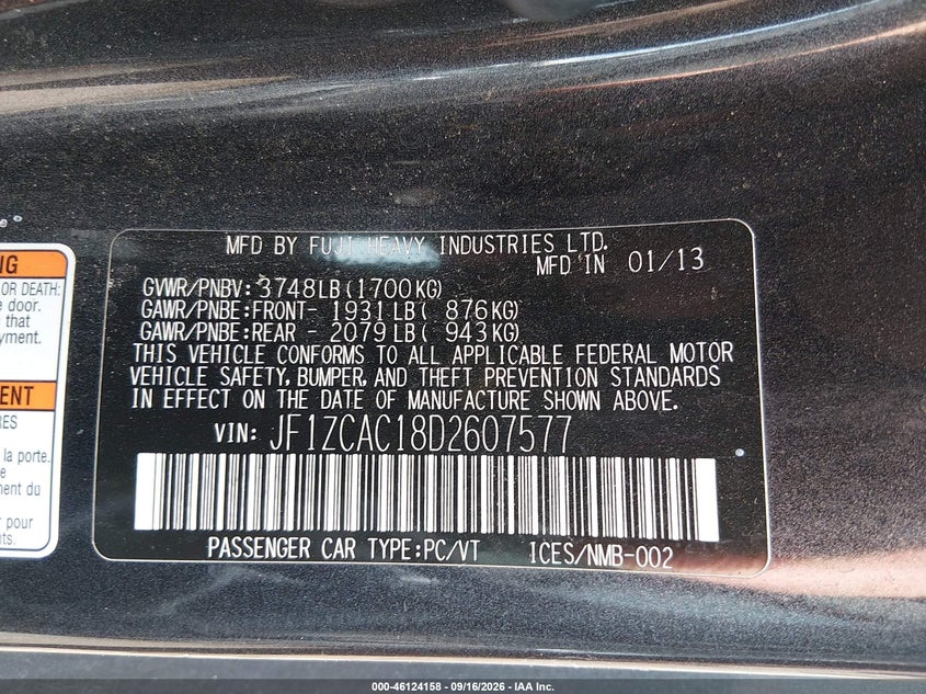 SUBARU BRZ 2013 VIN JF1ZCAC18D2607577