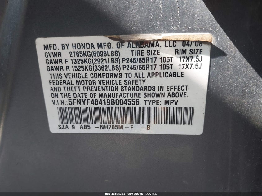 HONDA PILOT 2009 VIN 5FNYF48419B004556