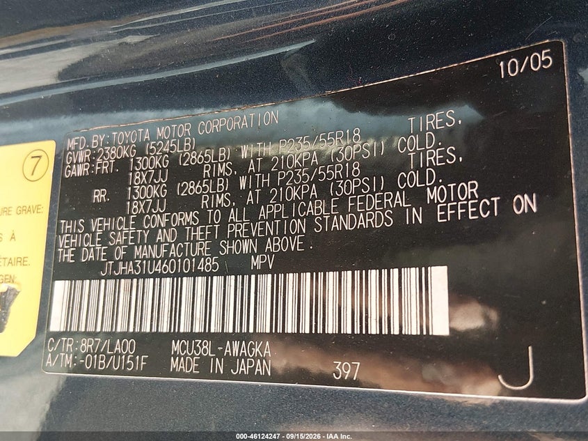 LEXUS RX 330 2006 VIN JTJHA31U460101485