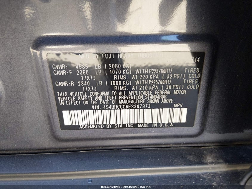 SUBARU OUTBACK 2014 VIN 4S4BRCCC6E3307373