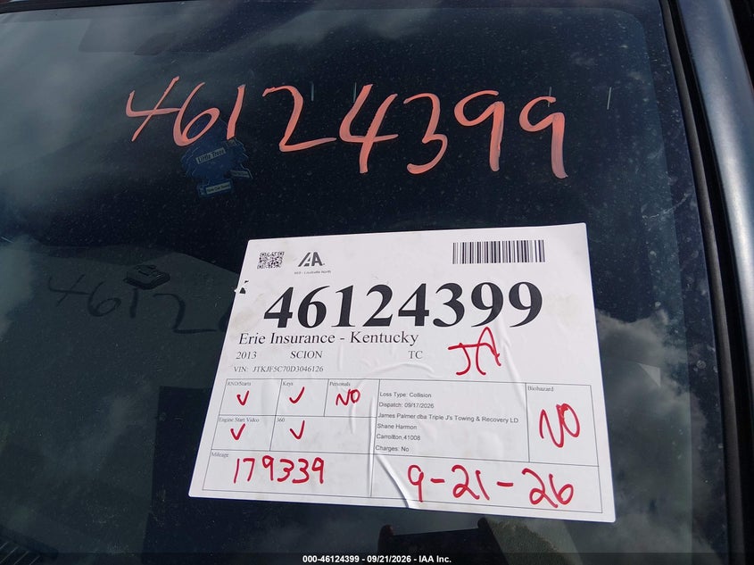 SCION TC 2013 VIN JTKJF5C70D3046126