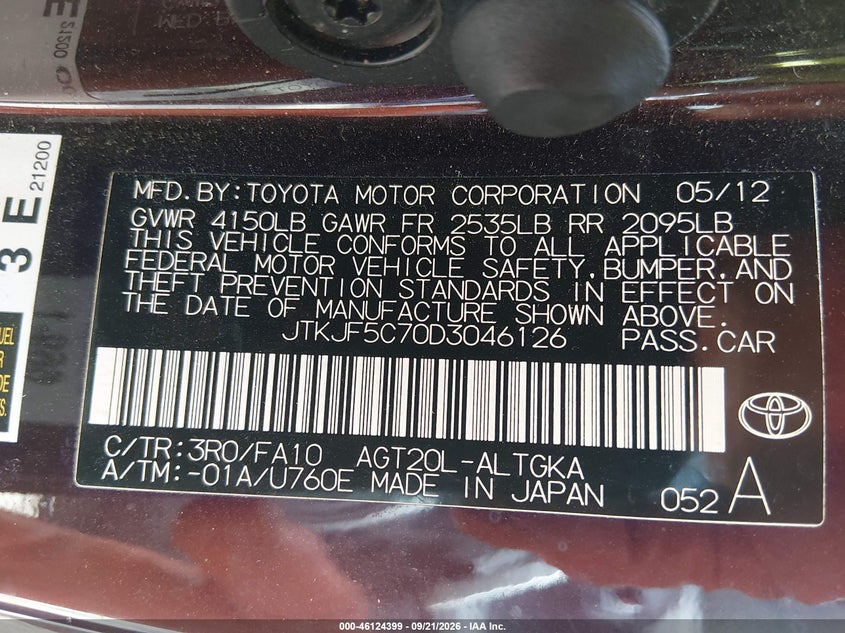 SCION TC 2013 VIN JTKJF5C70D3046126