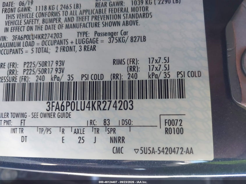 FORD FUSION HYBRID 2019 VIN 3FA6P0LU4KR274203
