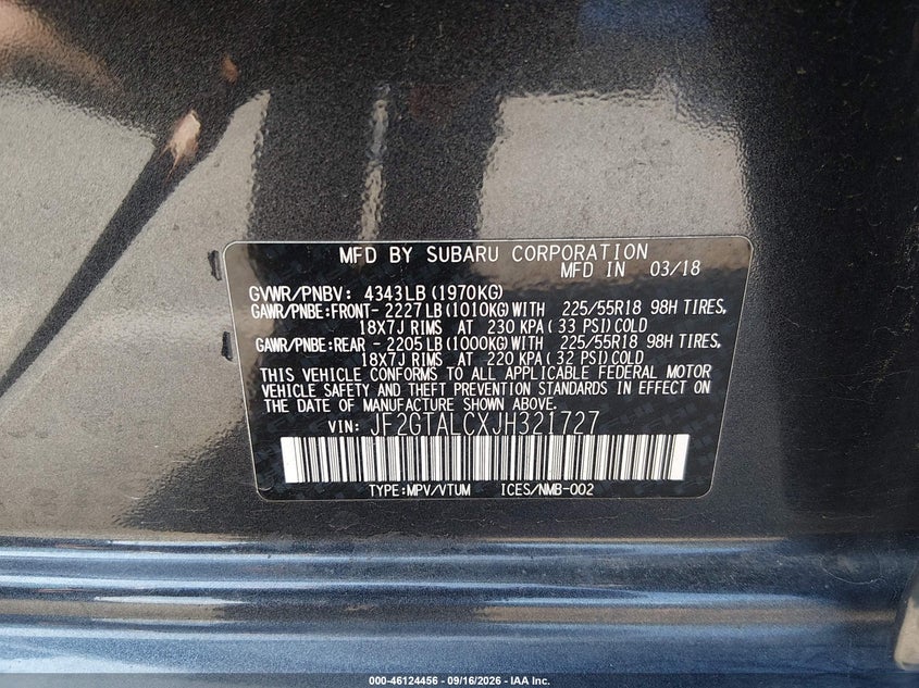 SUBARU CROSSTREK 2018 VIN JF2GTALCXJH321727