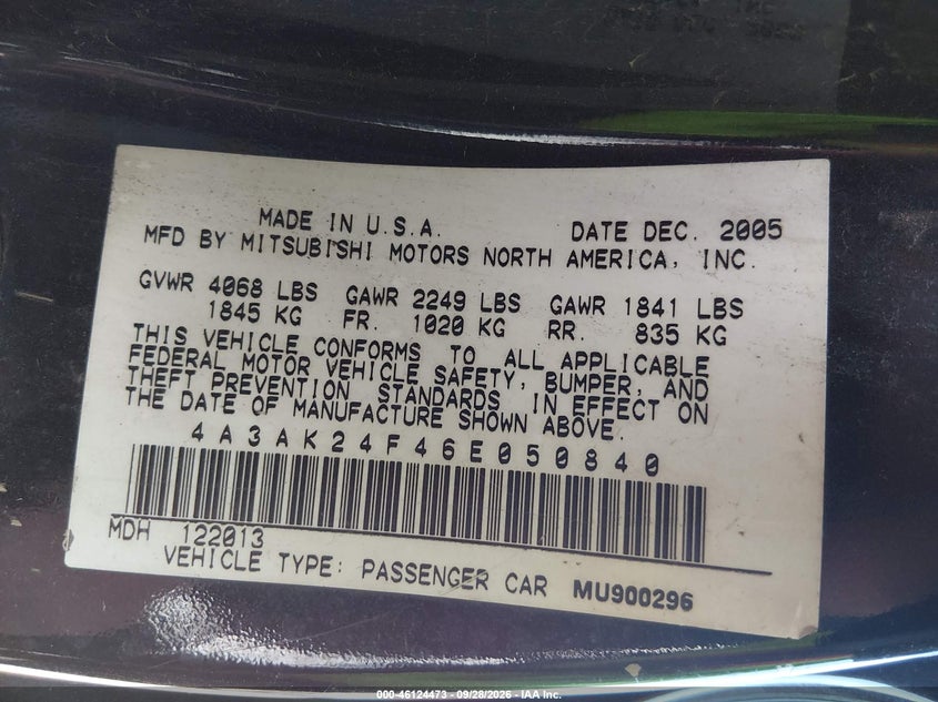 MITSUBISHI ECLIPSE 2006 VIN 4A3AK24F46E050840