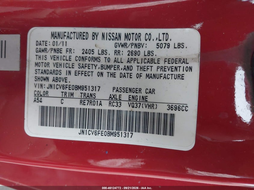 INFINITI G37 2011 VIN JN1CV6FE0BM951317