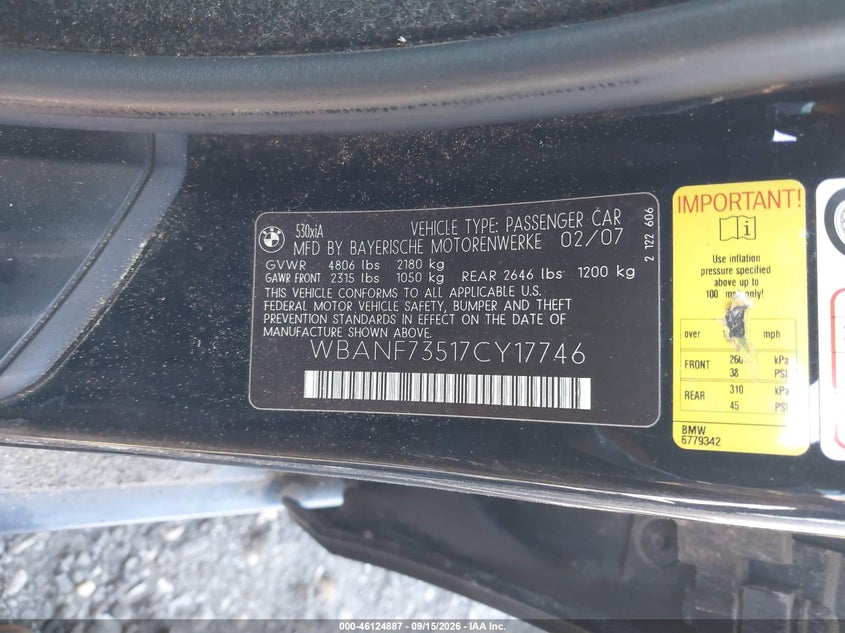 BMW 530XI 2007 VIN WBANF73517CY17746