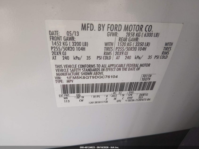 FORD EXPLORER 2013 VIN 1FM5K8GT9DGC76104