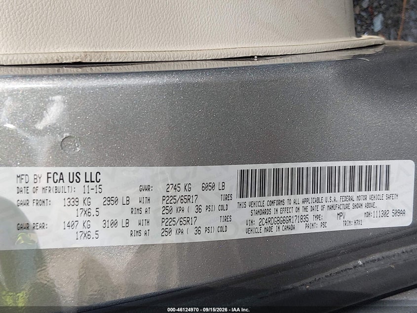 DODGE GRAND CARAVAN 2016 VIN 2C4RDGBG6GR171835