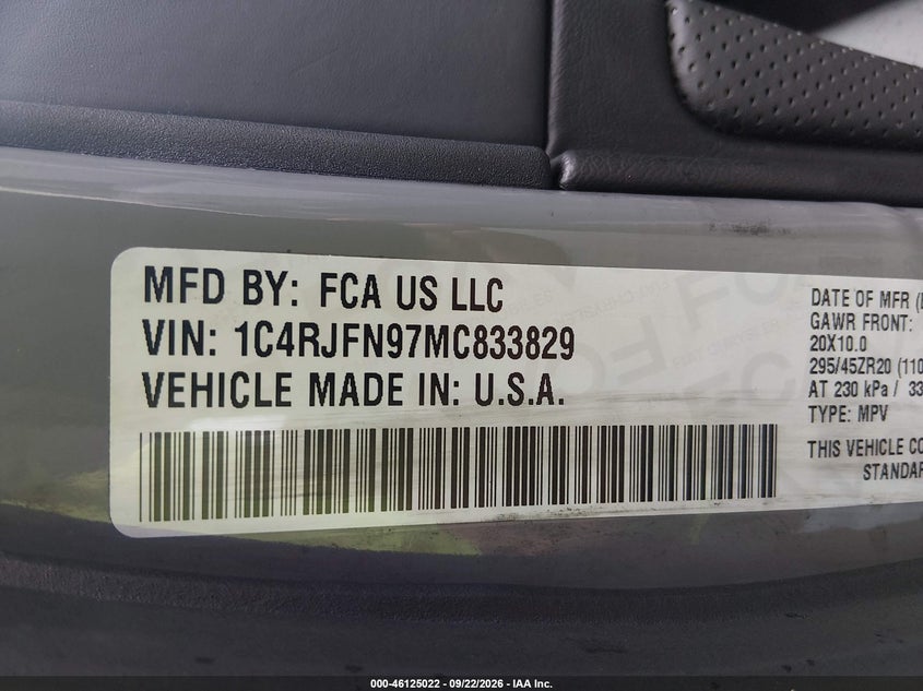 JEEP GRAND CHEROKEE 2021 VIN 1C4RJFN97MC833829