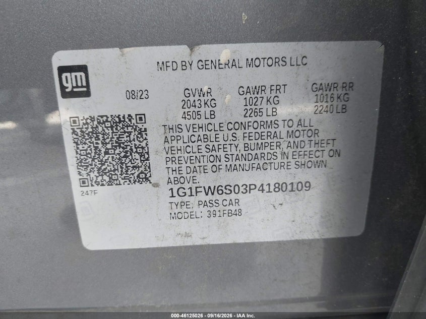CHEVROLET BOLT EV 2023 VIN 1G1FW6S03P4180109